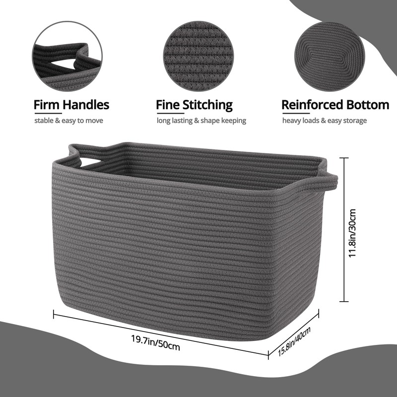 OIASKET Large Toy Basket, Rectangle Woven Rope Storage Basket for