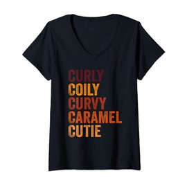 Womens Curly, Coily Curvy Caramel Cutie Natural Hair Afro Melanin V-Neck T-Shirt