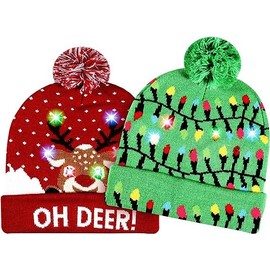 EKKONG Christmas Hats Plush, Pack of 2 Christmas Hat with LED Light, Warm Winter Hat, LED Christmas Knitted Hat Beanie Hat Decorative Antlers Knitted Hat Winter Hat Warm Hat, Red Green