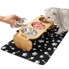 Polarduck Upgraded Elevated Cat Bowls with Food Mat: Raised Pet Food and Water Dishes for Cats with 15°Tilted Little Monster Bamboo Stand, 3 Stainless Steel Bowls and 1 Non-Slip Feeding Mat