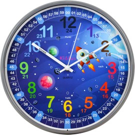 Kiddus Kid’s Wall Clock Analogue Time Teacher with Time Learning Exercises, Silent Clock, Multiple Languages, German, XL Galaxy