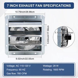 Criditpid 7 Inch Wall Mounted Shutter Exhaust Fan with ON/OFF Switch, High-Speed, Low-Noise Pure Copper Motor, Wall Exhaust Fan for Gable, Shed, Garage, Greenhouse, Kitchen, Attic, 760 CFM, 1600 RPM.