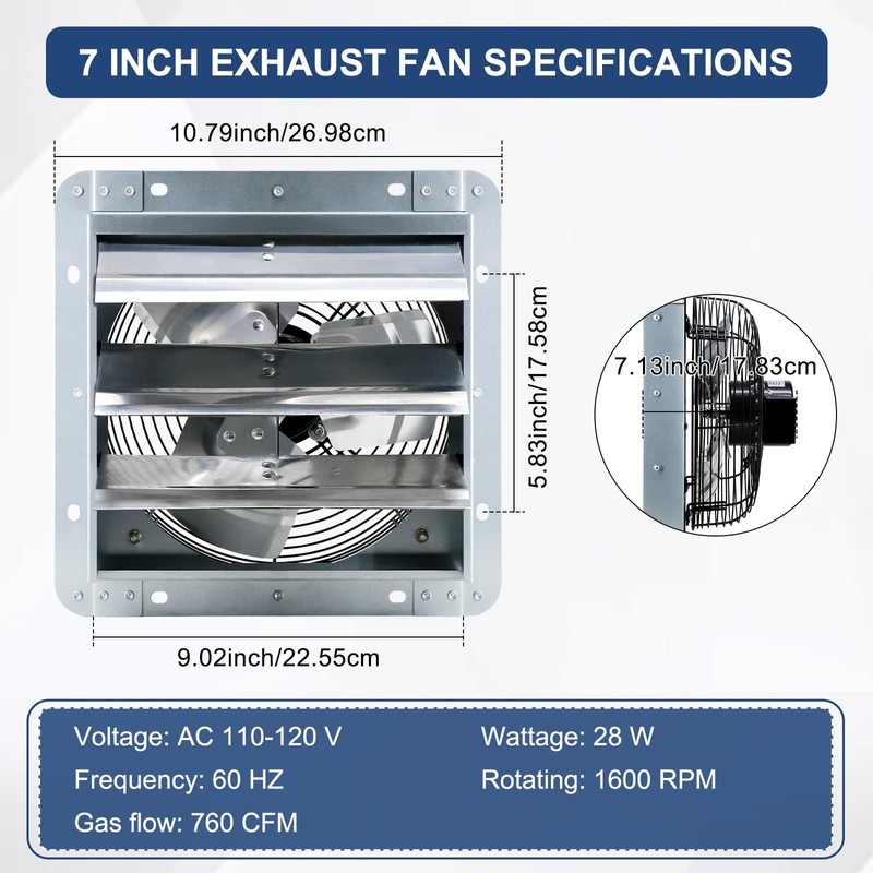 Criditpid 7 Inch Wall Mounted Shutter Exhaust Fan with ON/OFF