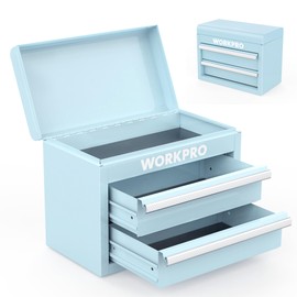WORKPRO Mini Metal Tool Box with 2 Drawers and Top Storage, Small Tool Chest with PVC Liners and PP Feet Pads, Cold Rolled Steel Toolbox with Magnetic Tab