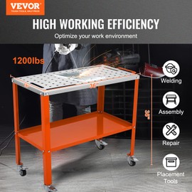 VEVOR Welding Table 36" x 18", 1200lbs Load Capacity Steel Welding Workbench Table on Wheels, Portable Work Bench with Braking Lockable Casters, 4 Tool Slots, 5/8-inch Fixture Holes, Tool Tray