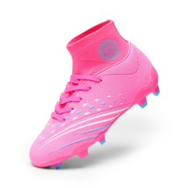 DREAM PAIRS Boys Girls Football Cleats Youth Firm Groud Outdoor Trainning Athletic Sport High Top Soccer Shoes for Little/Big Kid,Size 12 Little Kid,Pink/Hot Pink,SDSO2411K