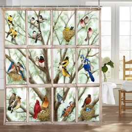 Fuzawet Rustic Birds Shower Curtain Window Farmhouse Birds Shower Curtain Set with 12 Hooks Fabric Waterproof Farm Country Hummingbirds on Branch Curtains Bathroom Curtain Decor for Bathtub 60''x72''