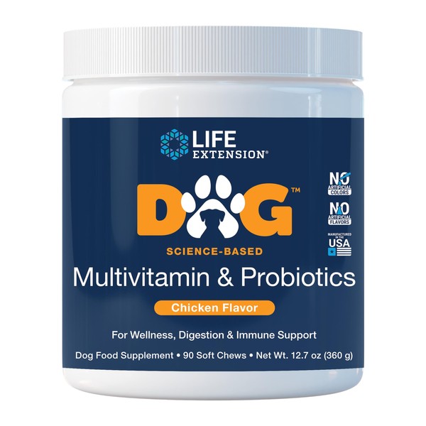 Life Extension Dog Multivitamin & Probiotics - Dog Food Supplement for Overall Health, Digestion and Immune Support - Vitamins, Probiotic Blend, Colostrum (Bovine) - 90 Soft Chews