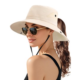 Becellen Sonnenhut Damen, UV Schutz Sonnenschutz Hut Sommerhut Breite Krempe mit Pferdeschwanzloch Outdoor Anglerhut Wanderhut Tropenhut Safari Hut