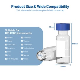 2mL Clear Autosampler Vials, HPLC & GC Sample Vials with Write-on Spot and Graduations, 9-425 Blue Polypropylene Screw Cap & White PTFE Red Silicone Septa, 100 Pack