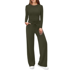 WIHOLL Lounge Sets for Women 2 Piece Outfits Fall Summer Break 2025 Vacation Clothes Comfy Travel Matching Sets Women Clothing Long Sleeve Pajamas Loungewear Soft 90s Athleisure Army Green XS