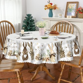 Easter Tablecloth 70 x 70 Inch Round, Bunny Decorations for Home Egg Table Cover Seasonal Spring Scallop Edge Table Cloth Table Decorations
