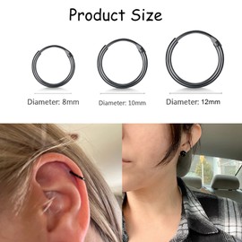 EPIRORA Silver Hoop Earrings- Cartilage Endless Small Hoop Earrings Set for Women Men, 3 Pairs of Hypoallergenic 925 Sterling Silver Tragus Earrings Nose Lip Rings (3 Pairs(8/10/12mm)-Black)
