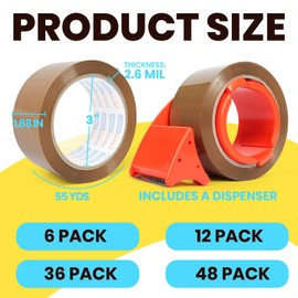 ADHES Brown Packing Tape with Dispenser, 2.6Mil, 1.88 Inch x 55 Yards, 6 Rolls Heavy Duty Shipping Tape for Moving Boxes, Packaging and Storage, Strong Adhesive