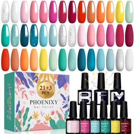 phoenixy Gel Nail Polish Set, 21 Colors Soak Off Gel Nail Kit Nude Pink Red Blue Green Yellow Orange Nail Polish Set with Base Gloss Matte Top Coat Gel Nail Polish Kit Gifts for Women