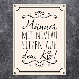 Men with Level Sitting on the Toilet Metal Sign 15 x 20 cm in Beige for the Toilet Funny Tin Sign for the Toilet for Men Who Don't Sit Down to Pee