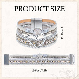 GZJINYUAN Heart Leather Wrap Bracelet, Boho Layered Cuff Bangles with Strong Clasp, Rhinestone Multilayer Stackable Bracelets for Women Girls Gift (Silver), One Size, Faux Leather, no gemstone