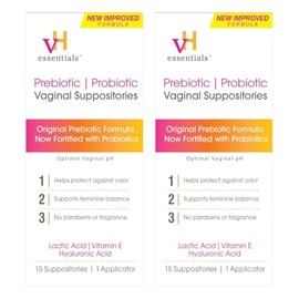 vH essentials Prebiotic pH Balanced Vaginal Suppositories, Naturally Protect Against Odor, 15 Count 2 Pack