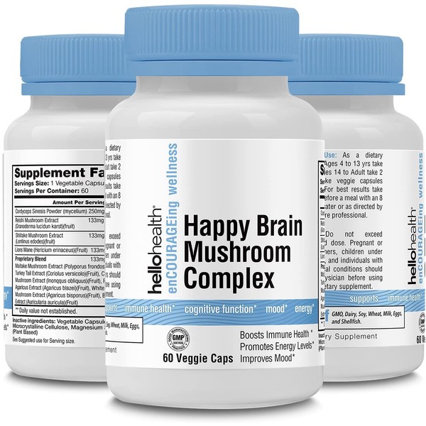 Happy Brain Mushroom Complex Nootropics Brain Support Supplement | 10 Mushroom Supplement: Lions Mane, Turkey Tail, Red Reishi, Shiitake Mushrooms -Mental Clarity, Stress Relief & Immune Support 60 ct