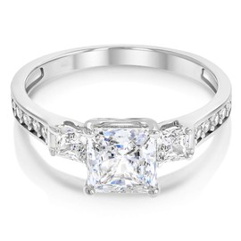 Ioka - 925 Sterling Silver 1.5 Ct. Cubic Zirconia CZ 3 Stone Princess Cut Engagement Ring - Size 9