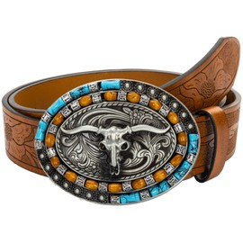 Western Cowboy Cowgirl PU Leather Belt - Women Men Turquoise Embossed Waist Belt with LongHorn Bull Buckles