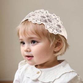 Bethynas Baby White Lace Elastic Headband Toddler Hair Bow Baptism Christening Hairband Infant Soft Fabric Birthday Party Headwrap Accessory for Newborn Little Girl (Off-white 3, Elastic)
