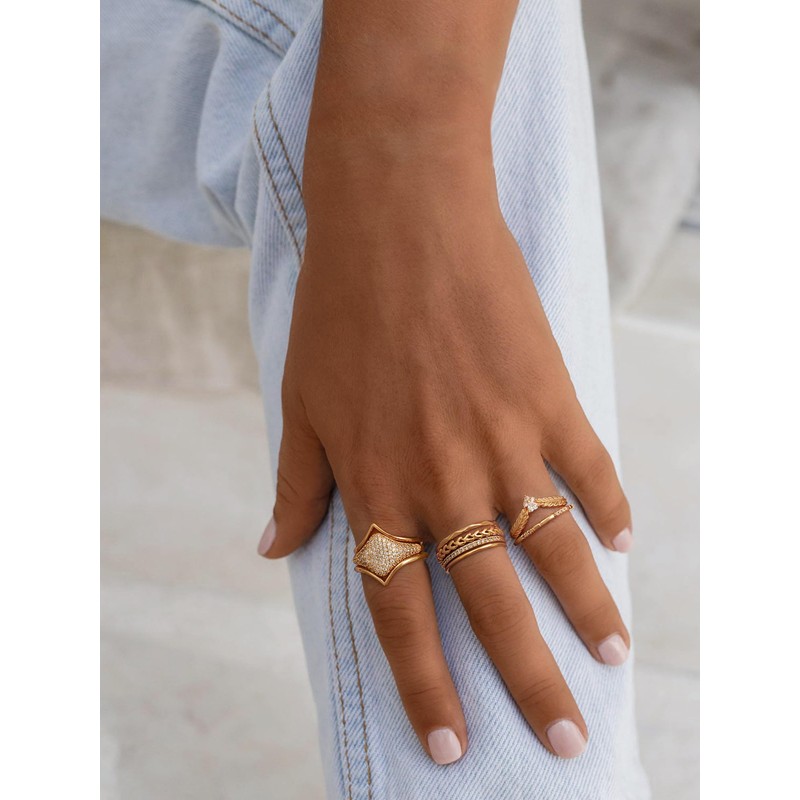 GNIRTSI Gold Ring for Women Rhombus Diamond Cubic Zirconia 14K