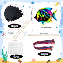 Motionchic 80 Pieces Tropical Fish Scratch Card for Kids Rainbow Ocean Fish Paper Crafts Sea Animal Ornament Under The Sea Party Favors with Wooden Stick and Ribbon for Summer Party DIY Supplies
