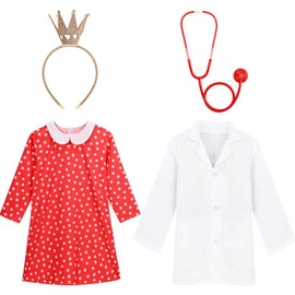Princess Pearl Costume for Girls with Red Dress, Gold Crown Headband, Stethoscope and White Doctor Coat for World Book Day Fancy Dress (10-12 Years)