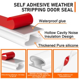 White Rubber Weather Stripping Door Seal Strip, D Shape Door Weather Seal Strip, Self-Adhesive Soundproofing Frame Insulation Tape for Doors Frame/Window Seal,Blocks Cold Drafts Noise