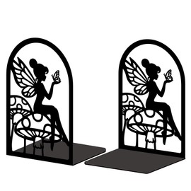 Peacoblue Metal Book Ends Stopper Holder Stand for Shelves, 13.5x11x20cm Heavy Duty Decorative Creative Study Kitchenware Bookend to Hold Books for Small Books, Cook Books, 1 Pair (Fairy and Mushroom)