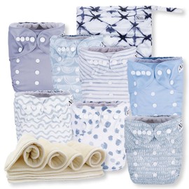 Nora's Nursery Cloth Diapers 7 Pack with 7 Inserts & 1 Wet Bag - Waterproof Cover, Washable, Reusable & One Size Adjustable Pocket Diapers for Newborns and Toddlers - Something Blue