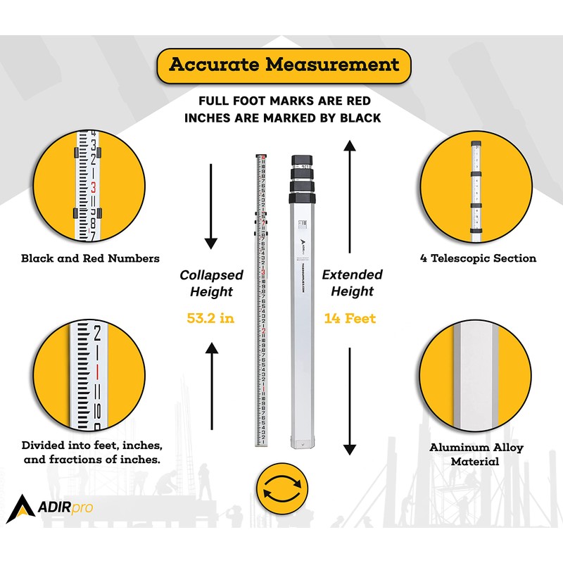 AdirPro 14-Foot Aluminum Grade Rod – 8ths, Dual Sided 5-Section