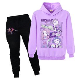 Kids Demon Hunters Girls Cartoon Hoodie Set Hooded&Pant Pullover Casual Long Sleeve Suit (Purple,9 Years)