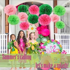 Capesaro Pink and Green 12 Pieces Paper Pom Poms Party Decorations for Girls Birthday Party Summer Decoration Hanging Paper Decor Tissue Paper Flowers