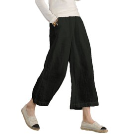 ECUPPER Womens Linen Cropped Pants Loose Casual Capri Cotton Wide Leg Plus Size Elastic Waist with Drawstring Trouses Black XL