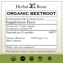 Herbal Roots Organic Beet Root Powder Capsules - 1,500mg per Serving - Certified USDA Organic - Non-GMO - 60 Count Vegan Capsules