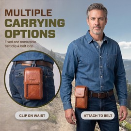 Hengwin Men's Genuine Leather Cell Phone Belt Bag, Multifunctional Phone Holster Waist Pouch with Belt Clip Belt Loop Shoulder Strap, Mini Crossbody Phone Purse for Travel, Outdoor, Daily Use (Brown)