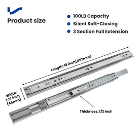 LONTAN 6 Pair 18 Inch Soft Close Drawer Slides – Heavy Duty 100LB Capacity, 3 Fold Full Extension Ball Bearing Side Mount Drawer Glides for Cabinets, Dresser, and Kitchen