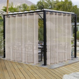 LORDTEX Burlap Linen Look Outdoor Curtains for Patio - 2 Panels Waterproof Sheer Curtains for Pergola, Porch, Cabana and Gazebo Grommet Indoor/Outdoor Voile Sheer Drapes (100 x 108 inch, Linen)