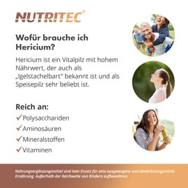 Nutritec Hericium Vitalmushroom 120 Capsules High Dose Dietary Supplement with Mushroom Powder and Acerola Extract, Vegan, No Additives