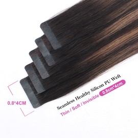 Sassina Seamless Tape in Human Hair Extensions Mixed Two Tone Color Balayage Dark Brown Fading to Chestnut Brown Invisible Skin Wefts Glue on Real Remy Hair (B2-6 20 Inch)