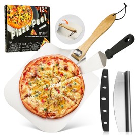 AGIgear Aluminum Pizza Spatula Set,12x14 Inch Metal Pizza Peel with Foldable Wooden Handle 14" Rocker Cutter,Pizza Server,for Family Pizza Oven Baking Pizza,Dough,Bread & Pastry (Silver)