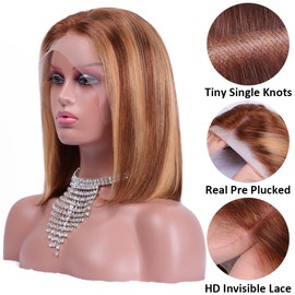 Flady Honey Blonde Bob wig Human Hair 13x4 HD Frontal Lace Wigs 150% Density 4/27 Highlight Bob Lace Front Wigs Human Hair Pre Plucked Ombre Color Short Straight Bob Wigs for Black Women 14 inch