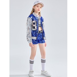 LOLANTA Hip Hop Clothes for Kids Jazz Dance Silver Royal Blue Costumes for Little Girls Jacket Shorts Tank (Royal Blue, 4-5)