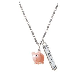 Delight Jewelry Resin Pink Pig Silvertone Family Bar Charm Necklace, 23"