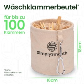SimplySmooth Clothes Peg Bag for up to 100 Clothes Pegs - 100% Cotton Peg Bag with Extra Large Carabiners for Hanging - Clothes Peg Basket with Closure