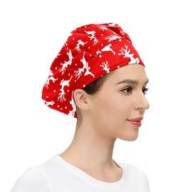 Working Cap with Moisture Wicking, Printing Christmas Reindeer Snowflake Adjustable Bandage Bouffant Hats for Women Men