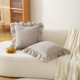 Jilboo Gingham Pillow Covers (2 Pack) - 22 x22 Inches Warm Taupe/White Plaid, 100% Washed Cotton Vintage Ruffle Decorative Throw Pillowcases with Zipper Closure for Bed & Couch