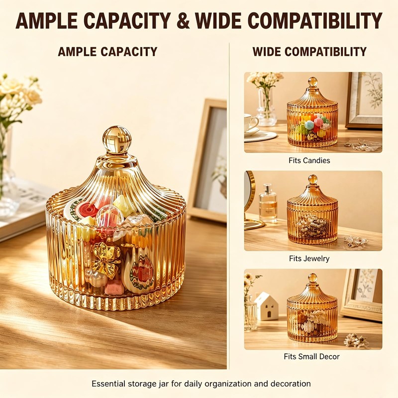 Candy Jar with Lid, Ribbed Amber Glass Tent Shape 7.4oz